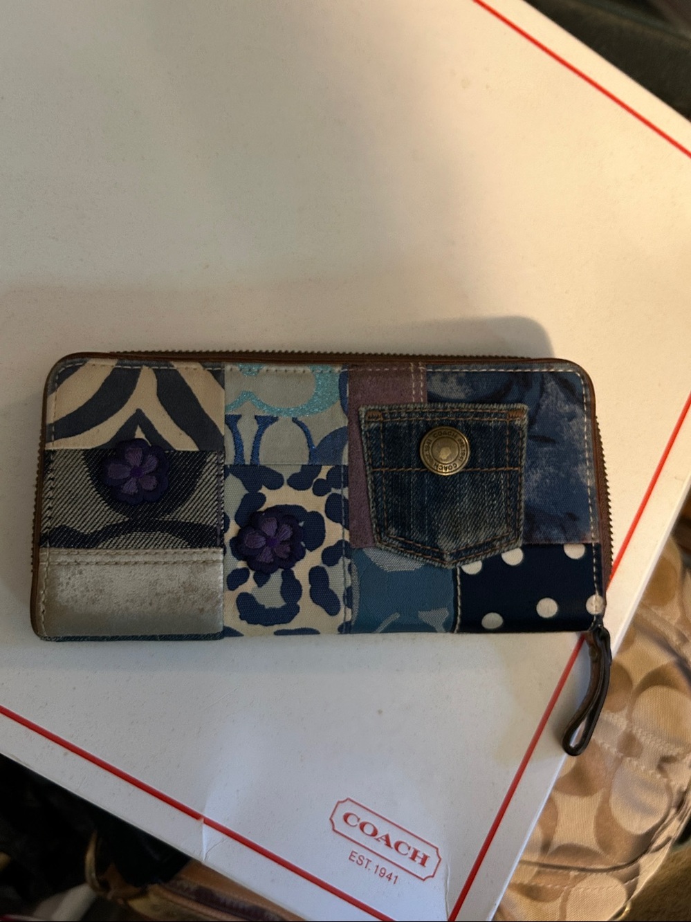 Coach Patchwork Floral Denim Zip Wallet - Blue, Purple, Tan - Picture 10 of 12